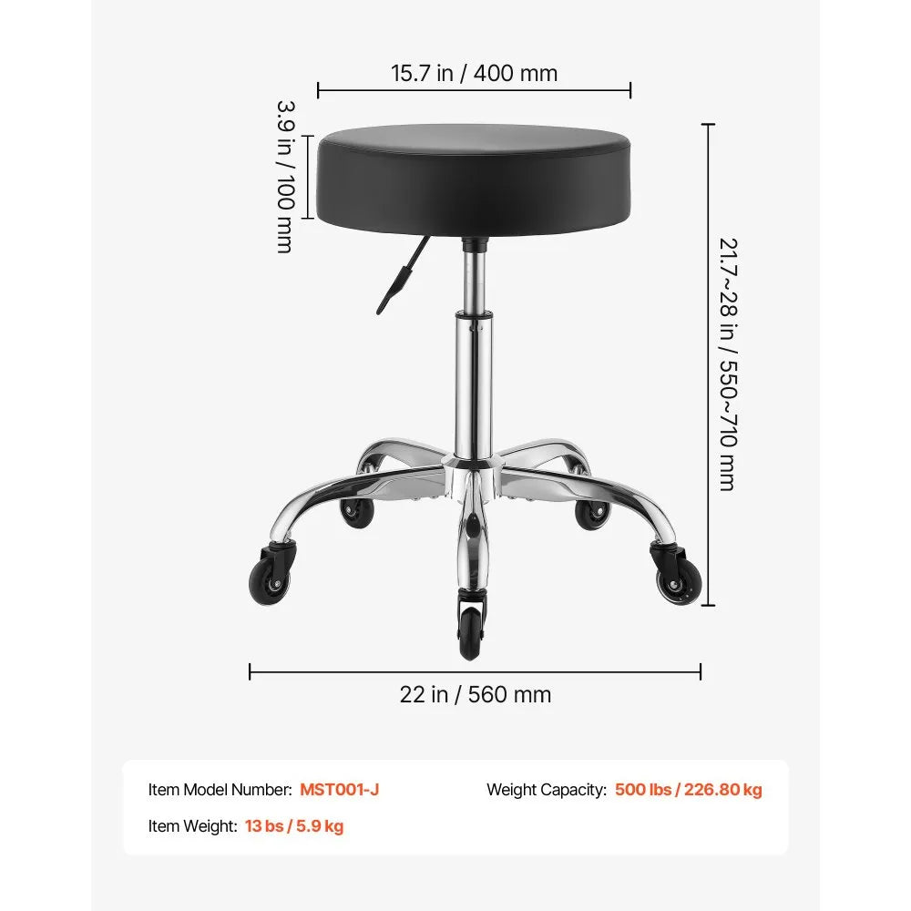 VEVOR Rolling Stool with Wheels, 500 lbs Weight Capacity, Height Adjustable, Quiet Casters, Thick Cushion Ergonomic PU Leather Seat, 360° Swivel Round Rolling Stool Chair for Salon, Clinic, Black