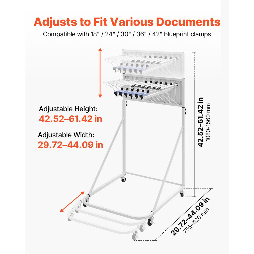 VEVOR Blueprint Storage Rack, Steel, Mobile Adjustable Blueprint Holder with 6 Pack of 24 Inch Aluminum Clamps, 4 Wheels, Display Rack Storage Organizer Stand, for File Display Plan Poster Office Home