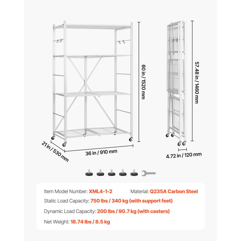 VEVOR 4-Tier Foldable Storage Shelf, 36W x 21D x 60 H Inch Folding Metal Rack Shelving Unit, No Assembly Organizer Shelf with 5 Wheels & 4 Hooks for Pantry, Kitchen, Garage, Basement, White