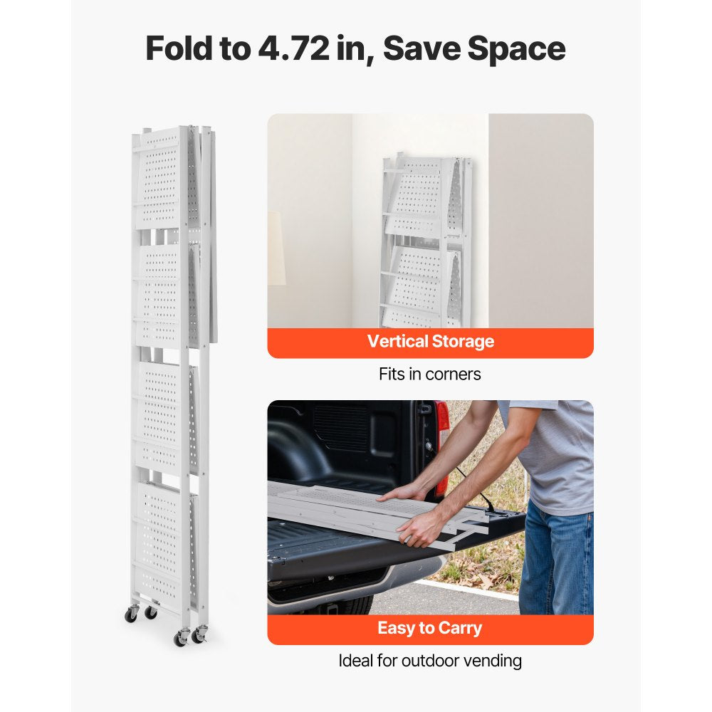 VEVOR 5-Tier Foldable Storage Shelf, 28 W x 15D x 64H Inch Folding Metal Rack Shelving Unit, No Assembly Organizer Shelf with 5 Wheels & 4 Hooks for Pantry, Kitchen, Garage, Basement, White