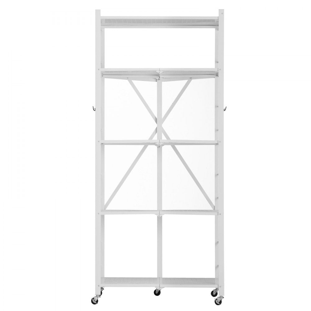 VEVOR 5-Tier Foldable Storage Shelf, 28 W x 15D x 64H Inch Folding Metal Rack Shelving Unit, No Assembly Organizer Shelf with 5 Wheels & 4 Hooks for Pantry, Kitchen, Garage, Basement, White