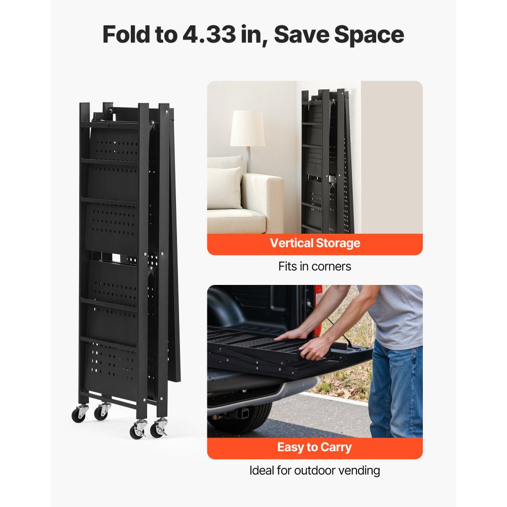 VEVOR 3-Tier Foldable Storage Shelf, 30W x 13D x 36H Inch Folding Metal Rack Shelving Unit, No Assembly Organizer Shelf with 5 Wheels & 4 Hooks for Pantry, Kitchen, Garage, Basement, Black