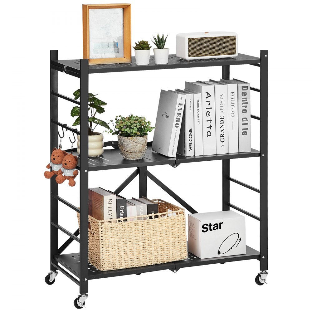 VEVOR 3-Tier Foldable Storage Shelf, 30W x 13D x 36H Inch Folding Metal Rack Shelving Unit, No Assembly Organizer Shelf with 5 Wheels & 4 Hooks for Pantry, Kitchen, Garage, Basement, Black