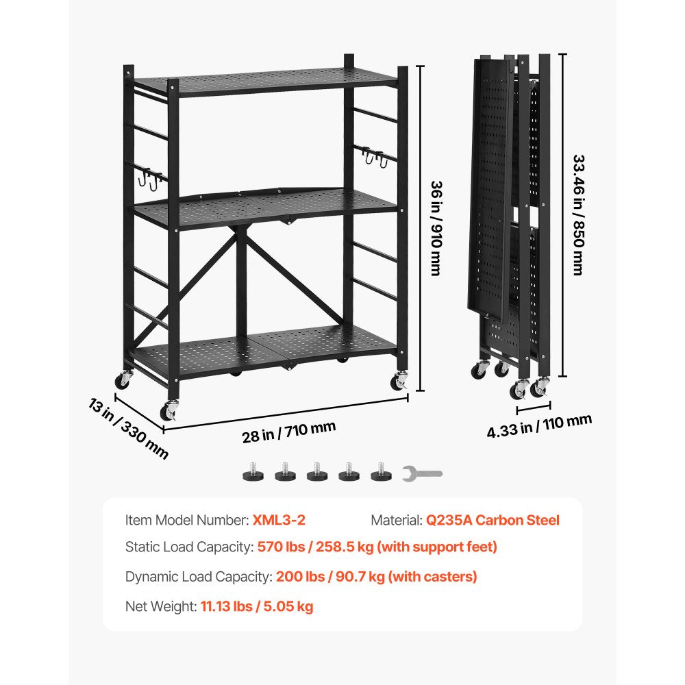 VEVOR 3-Tier Foldable Storage Shelf, 28W x 13D x 36H Inch Folding Metal Rack Shelving Unit, No Assembly Organizer Shelf with 5 Wheels & 4 Hooks for Pantry, Kitchen, Garage, Basement, Black