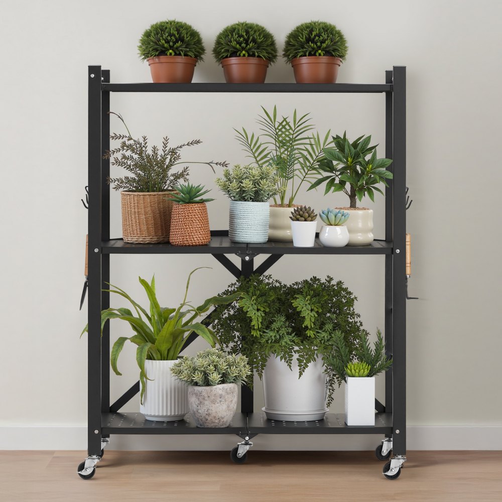VEVOR 3-Tier Foldable Storage Shelf, 28W x 13D x 36H Inch Folding Metal Rack Shelving Unit, No Assembly Organizer Shelf with 5 Wheels & 4 Hooks for Pantry, Kitchen, Garage, Basement, Black