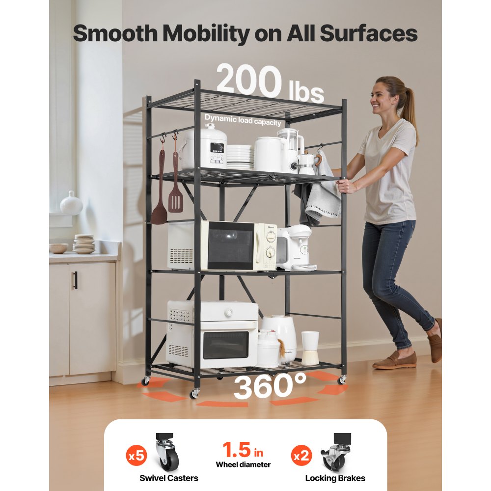 VEVOR 4-Tier Foldable Storage Shelf, 36W x 21D x 60H Inch Folding Metal Rack Shelving Unit, No Assembly Organizer Shelf with 5 Wheels & 4 Hooks for Pantry, Kitchen, Garage, Basement, Black