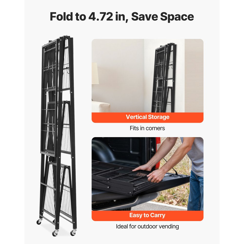 VEVOR 4-Tier Foldable Storage Shelf, 36W x 21D x 60H Inch Folding Metal Rack Shelving Unit, No Assembly Organizer Shelf with 5 Wheels & 4 Hooks for Pantry, Kitchen, Garage, Basement, Black