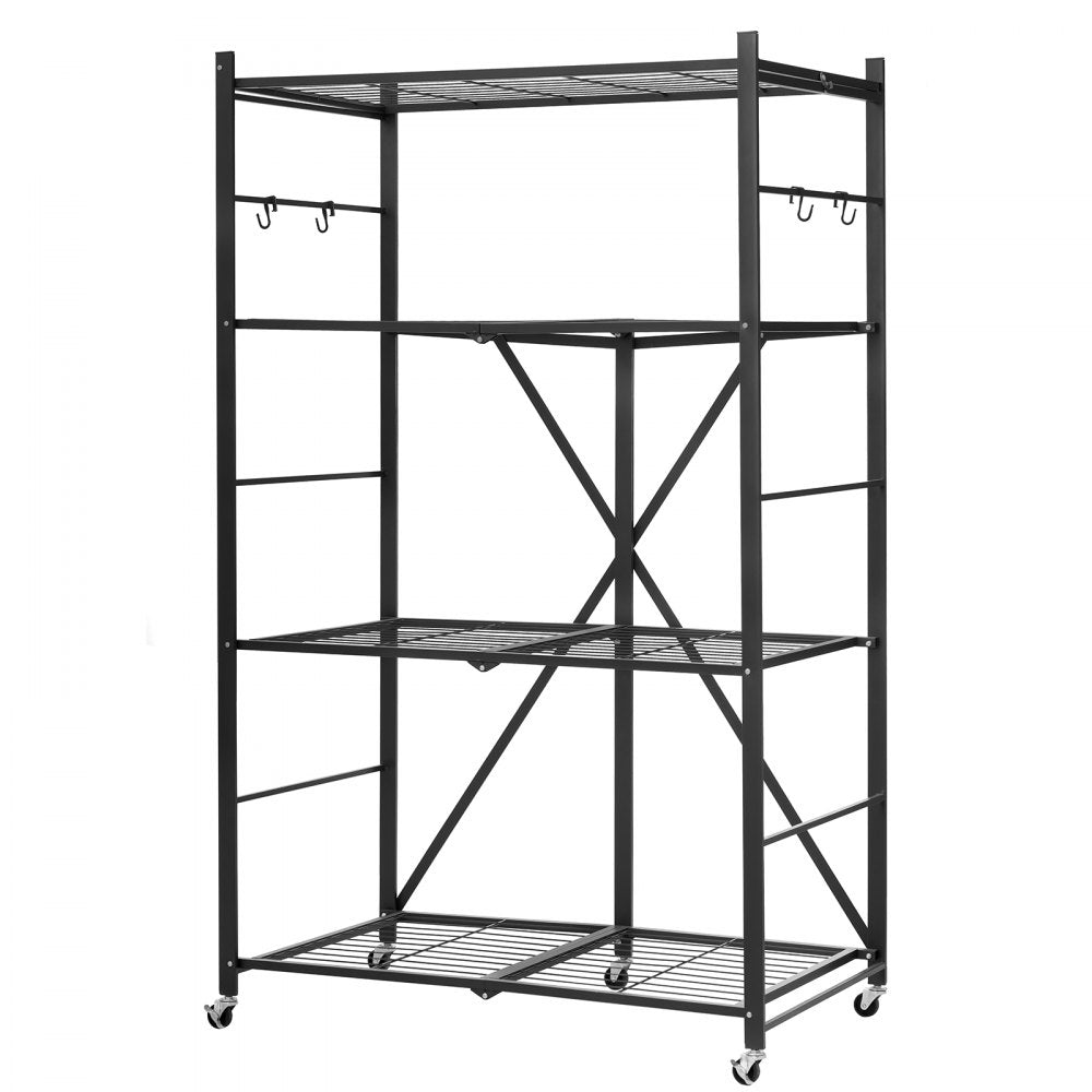 VEVOR 4-Tier Foldable Storage Shelf, 36W x 21D x 60H Inch Folding Metal Rack Shelving Unit, No Assembly Organizer Shelf with 5 Wheels & 4 Hooks for Pantry, Kitchen, Garage, Basement, Black