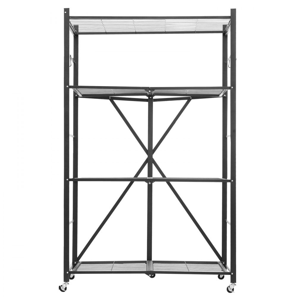VEVOR 4-Tier Foldable Storage Shelf, 36W x 21D x 60H Inch Folding Metal Rack Shelving Unit, No Assembly Organizer Shelf with 5 Wheels & 4 Hooks for Pantry, Kitchen, Garage, Basement, Black
