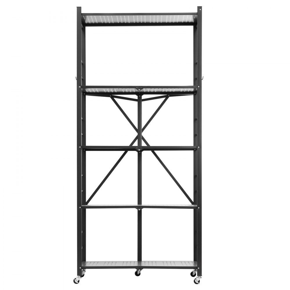 VEVOR 5-Tier Foldable Storage Shelf, 32W x 14D x 72H Inch Folding Metal Rack Shelving Unit, No Assembly Organizer Shelf with 5 Wheels & 4 Hooks for Pantry, Kitchen, Garage, Basement, Black