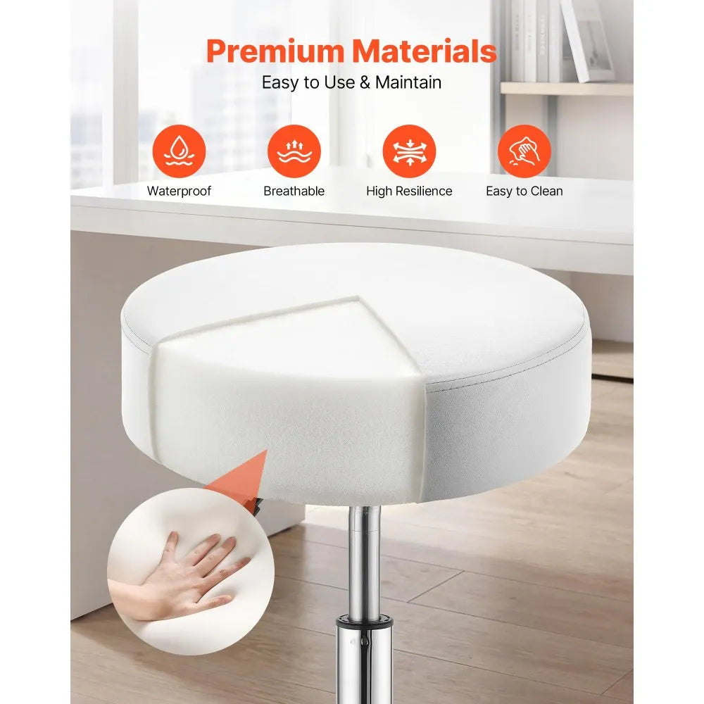 VEVOR Rolling Stool with Wheels, 500 lbs Weight Capacity, Height Adjustable, Thick Cushion Ergonomic PU Leather Seat, 360° Swivel Round Rolling Stool Chair for Salon, Spa, Clinic, Medical, White