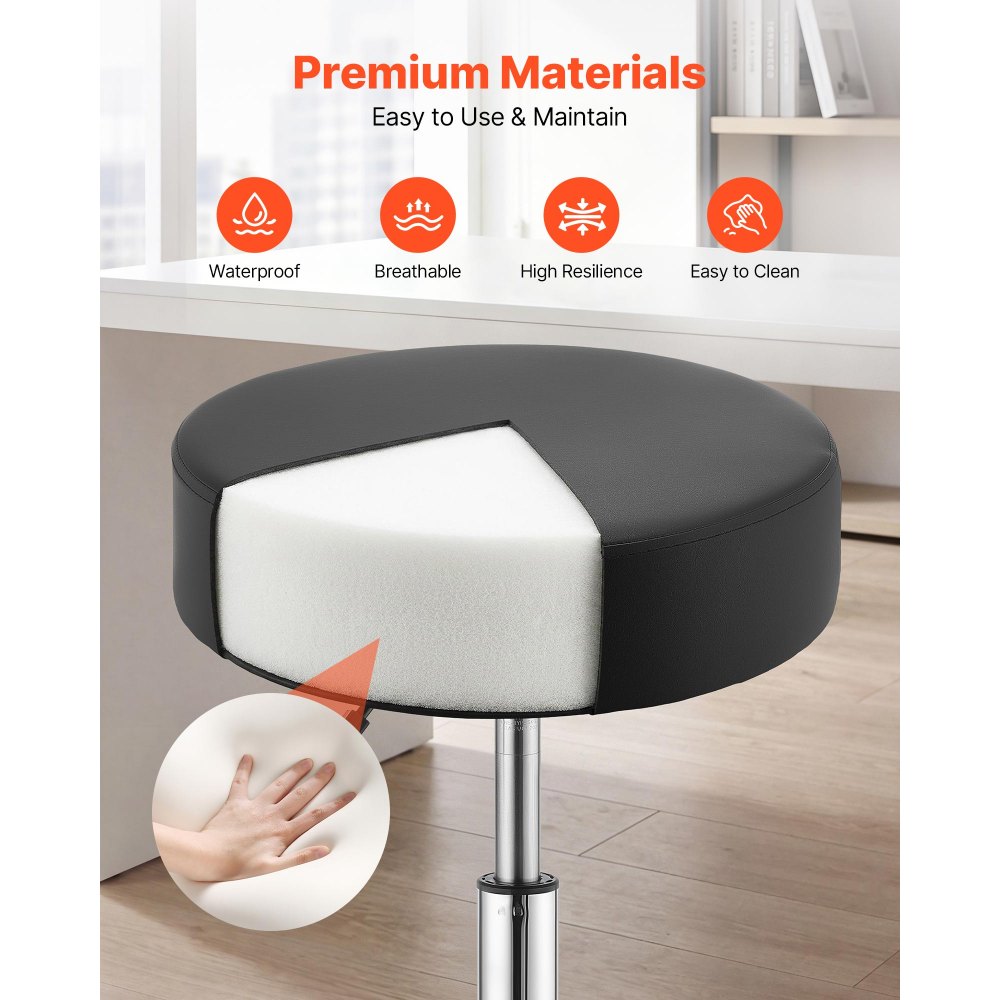 VEVOR Rolling Stool with Wheels, 500 lbs Weight Capacity, Height Adjustable, Thick Cushion Ergonomic PU Leather Seat, 360° Swivel Round Rolling Stool Chair for Salon, Spa, Clinic, Medical, Black