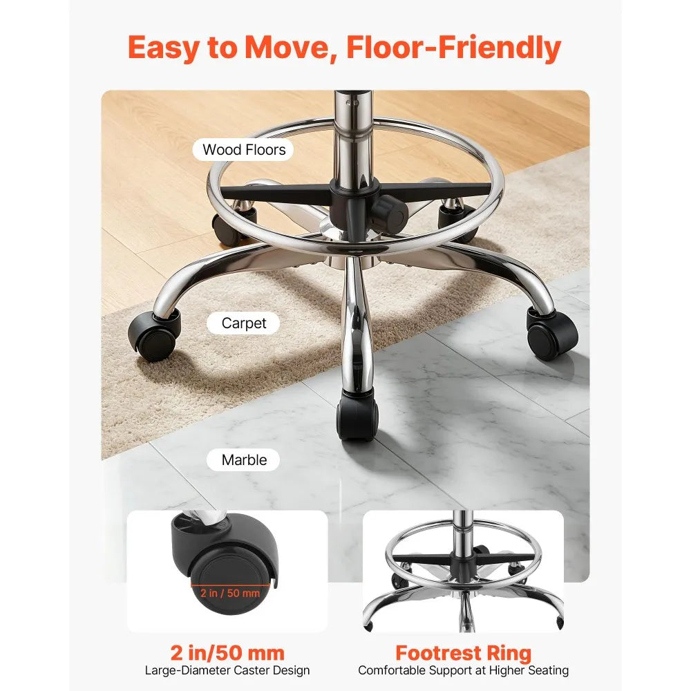 VEVOR Rolling Stool with Wheels Footrest, 500 lbs Weight Capacity, Height Adjustable, Thick Cushion Ergonomic PU Leather Seat, 360° Swivel Round Rolling Stool Chair for Salon, Clinic, Medical, Black