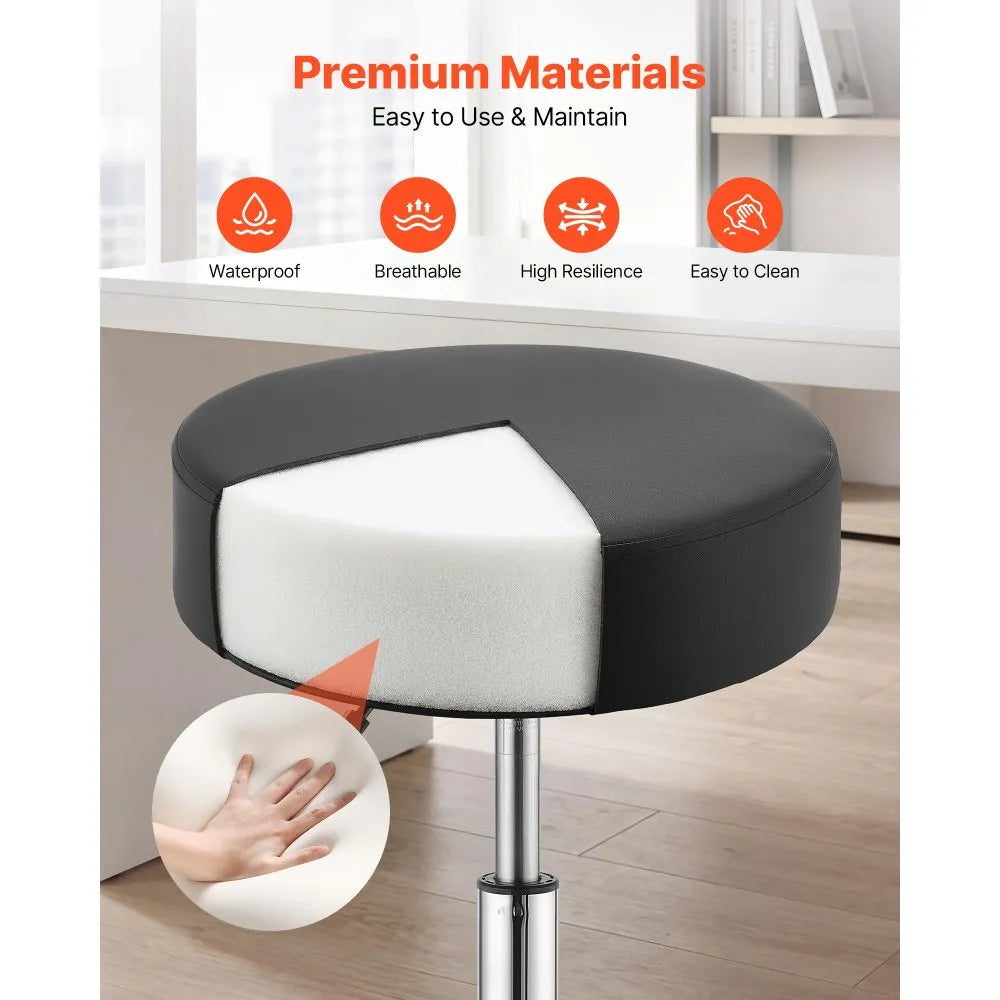 VEVOR Rolling Stools with Wheels, Set of 2, 500 lbs Weight Capacity, Height Adjustable, Thick Cushion Ergonomic PU Leather Seat, 360° Swivel Round Rolling Stool Chair for Salon, Spa, Clinic, Black