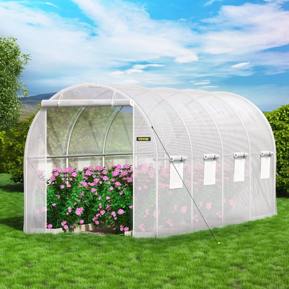 VEVOR 15 x 6.5 x 7 ft Walk-in Tunnel Greenhouse, Portable Plant Hot House with Galvanized Steel Hoops, 1 Top Beam, Diagonal Poles, Zippered Door & 8 Roll-up Windows, White