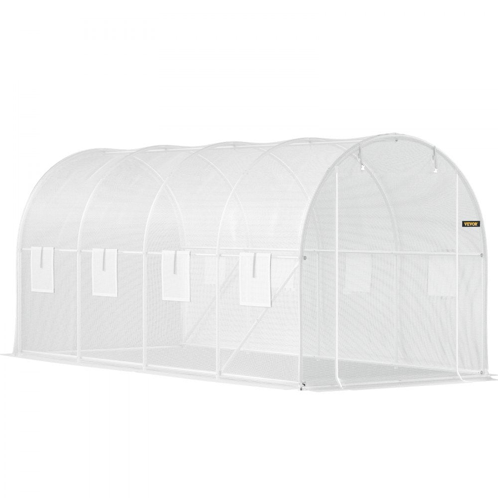 VEVOR 15 x 6.5 x 7 ft Walk-in Tunnel Greenhouse, Portable Plant Hot House with Galvanized Steel Hoops, 1 Top Beam, Diagonal Poles, Zippered Door & 8 Roll-up Windows, White