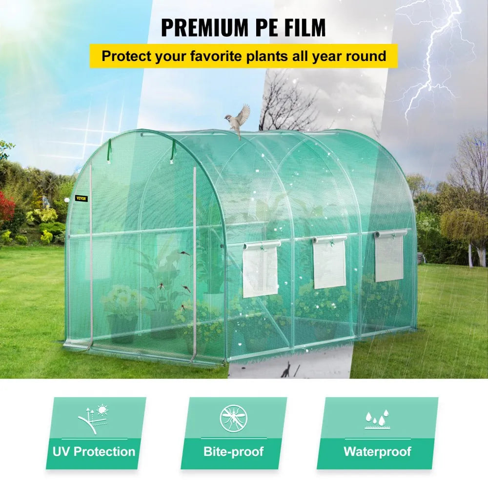 VEVOR Walk-in Tunnel Greenhouse, 9.8 x 6.6 x 6.6 ft Portable Plant Hot House with Galvanized Steel Hoops, 1 Top Beam, Diagonal Poles, Zippered Door & 6 Roll-up Windows, Green