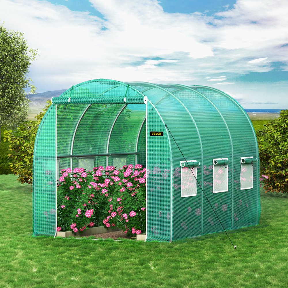 VEVOR Walk-in Tunnel Greenhouse, 9.8 x 6.6 x 6.6 ft Portable Plant Hot House with Galvanized Steel Hoops, 1 Top Beam, Diagonal Poles, Zippered Door & 6 Roll-up Windows, Green