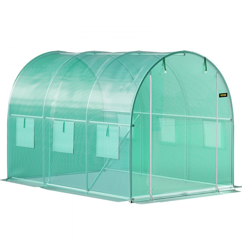 VEVOR Walk-in Tunnel Greenhouse, 9.8 x 6.6 x 6.6 ft Portable Plant Hot House with Galvanized Steel Hoops, 1 Top Beam, Diagonal Poles, Zippered Door & 6 Roll-up Windows, Green