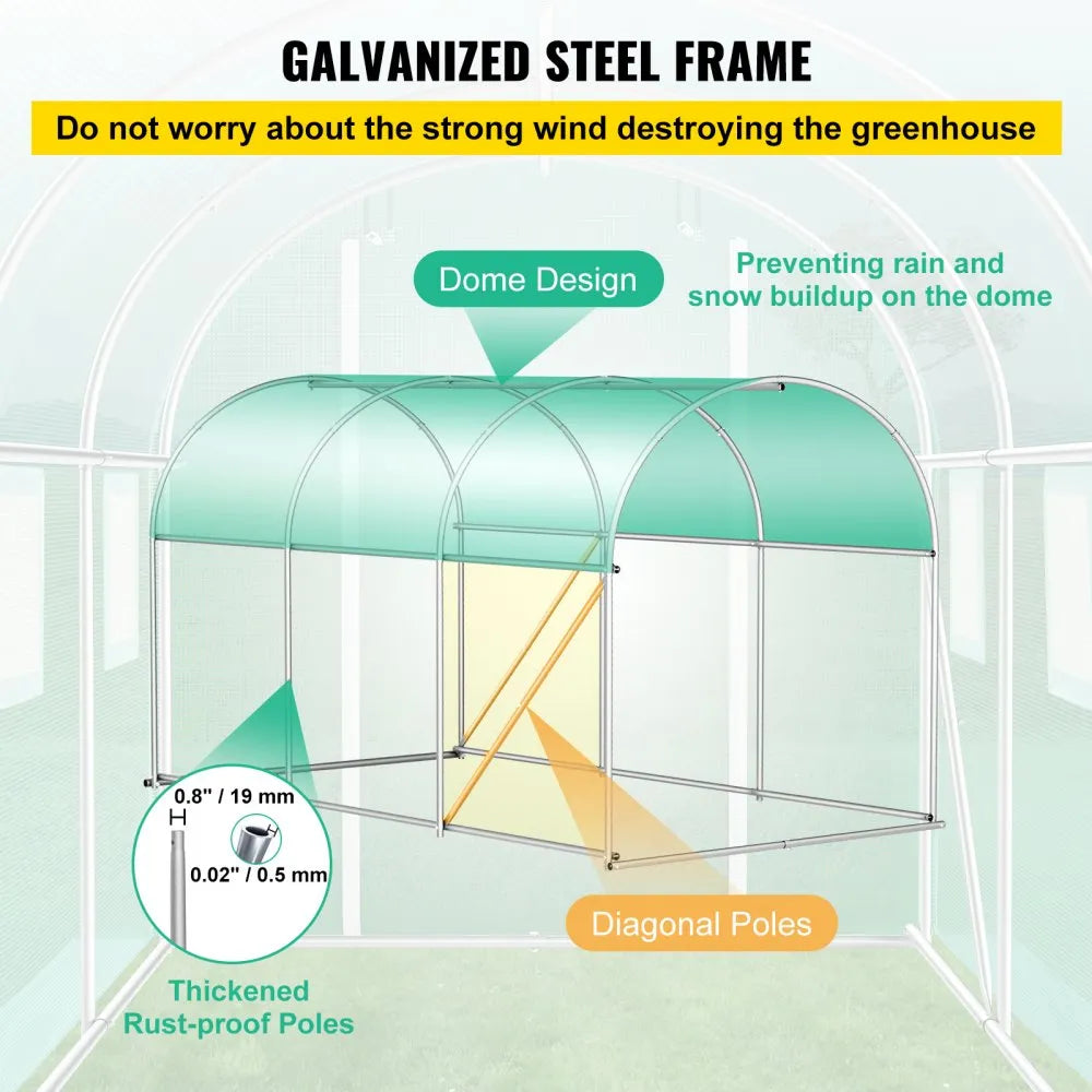 VEVOR 12 x 7 x 7 ft Walk-in Tunnel Greenhouse, Portable Plant Hot House with Galvanized Steel Hoops, 1 Top Beams, 2 Diagonal Poles, 1 Zippered Door & 6 Roll-up Windows, Green