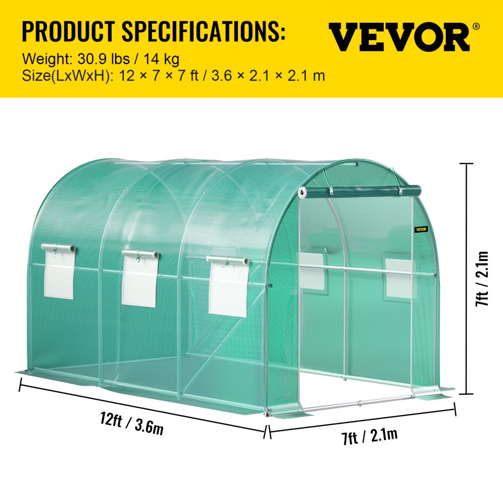 VEVOR 12 x 7 x 7 ft Walk-in Tunnel Greenhouse, Portable Plant Hot House with Galvanized Steel Hoops, 1 Top Beams, 2 Diagonal Poles, 1 Zippered Door & 6 Roll-up Windows, Green