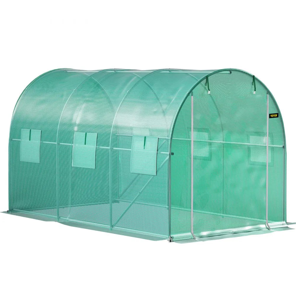 VEVOR 12 x 7 x 7 ft Walk-in Tunnel Greenhouse, Portable Plant Hot House with Galvanized Steel Hoops, 1 Top Beams, 2 Diagonal Poles, 1 Zippered Door & 6 Roll-up Windows, Green