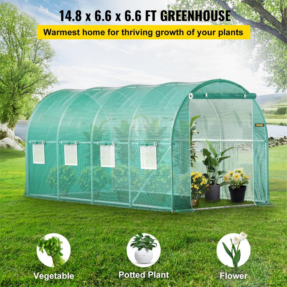VEVOR Walk-in Tunnel Greenhouse, 15 x 7 x 7 ft Portable Plant Hot House with Galvanized Steel Hoops, 1 Top Beam, Diagonal Poles, Zippered Door & 8 Roll-up Windows, Green