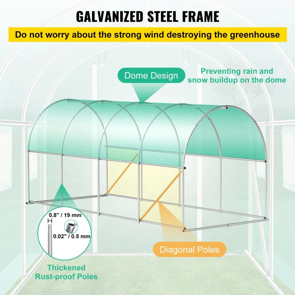 VEVOR Walk-in Tunnel Greenhouse, 15 x 7 x 7 ft Portable Plant Hot House with Galvanized Steel Hoops, 1 Top Beam, Diagonal Poles, Zippered Door & 8 Roll-up Windows, Green