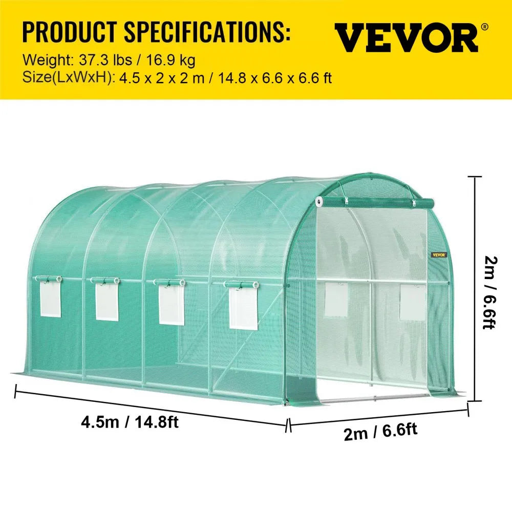 VEVOR Walk-in Tunnel Greenhouse, 15 x 7 x 7 ft Portable Plant Hot House with Galvanized Steel Hoops, 1 Top Beam, Diagonal Poles, Zippered Door & 8 Roll-up Windows, Green