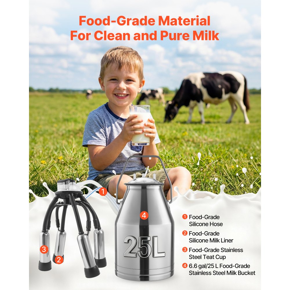 VEVOR Electric Cow Milking Machine, 6.6 Gal / 25 L 304 Stainless Steel Bucket, Food-Grade Teat Cups and Silicone Hose, Strong Suction, Vacuum Pulsation, Electric Milker Machine with Wheels for Cow