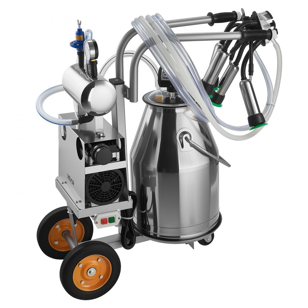 VEVOR Electric Cow Milking Machine, 6.6 Gal / 25 L 304 Stainless Steel Bucket, Food-Grade Teat Cups and Silicone Hose, Strong Suction, Vacuum Pulsation, Electric Milker Machine with Wheels for Cow