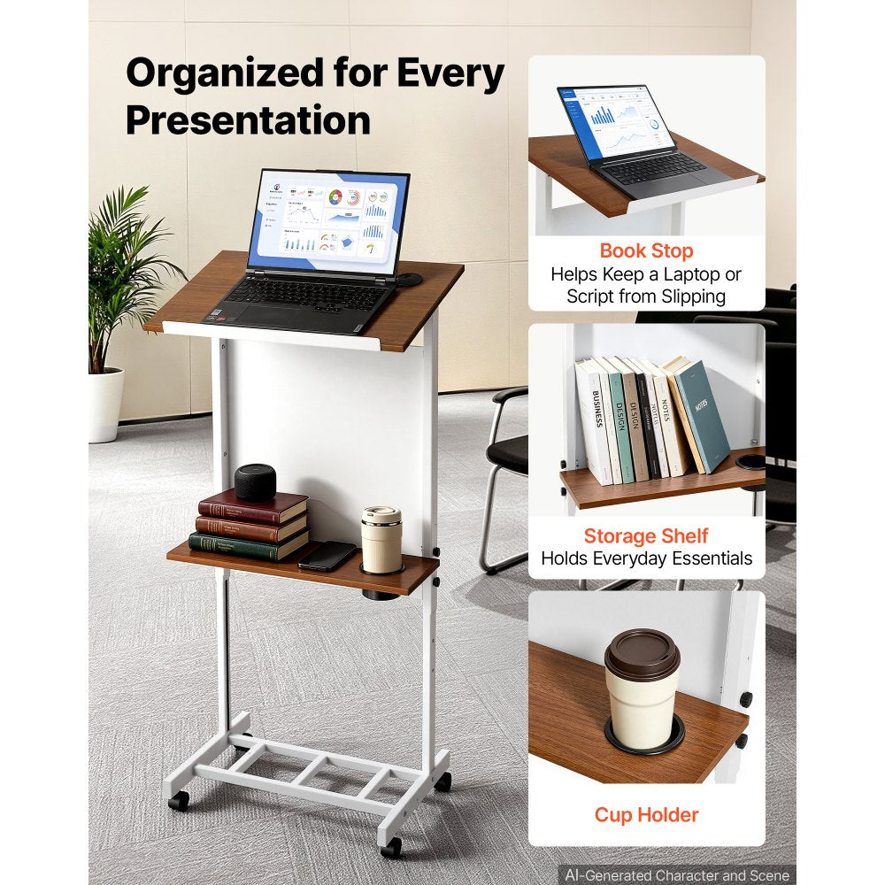 VEVOR Podium Stand, Adjustable Height Wooden Lectern Mobile Laptop Desk, for Schools, Churches and Events, 40-49 inch, Portable Presentation Lectern Stand with Storage Shelf, Book Stop and Cup Holder