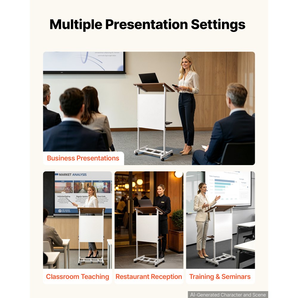 VEVOR Podium Stand, Adjustable Height Wooden Lectern Mobile Laptop Desk, for Schools, Churches and Events, 40-49 inch, Portable Presentation Lectern Stand with Storage Shelf, Book Stop and Cup Holder