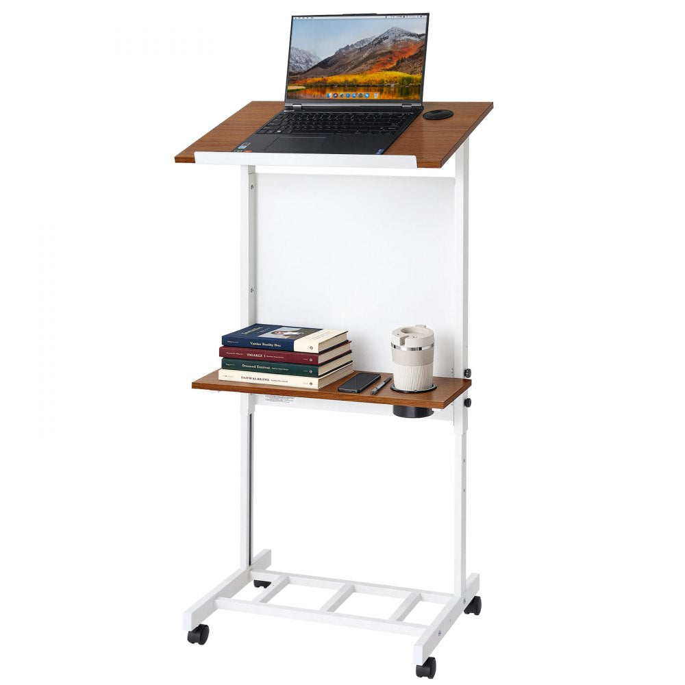 VEVOR Podium Stand, Adjustable Height Wooden Lectern Mobile Laptop Desk, for Schools, Churches and Events, 40-49 inch, Portable Presentation Lectern Stand with Storage Shelf, Book Stop and Cup Holder