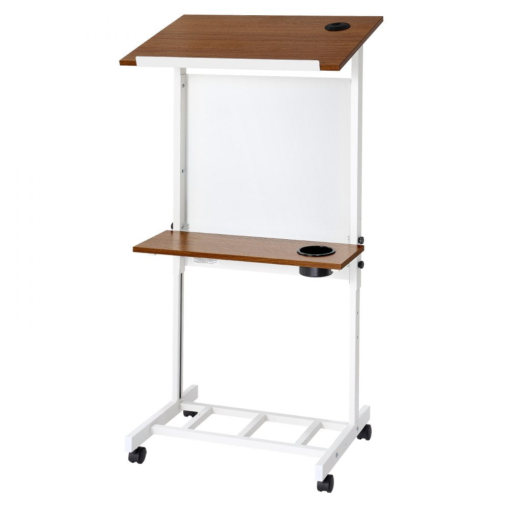 VEVOR Podium Stand, Adjustable Height Wooden Lectern Mobile Laptop Desk, for Schools, Churches and Events, 40-49 inch, Portable Presentation Lectern Stand with Storage Shelf, Book Stop and Cup Holder