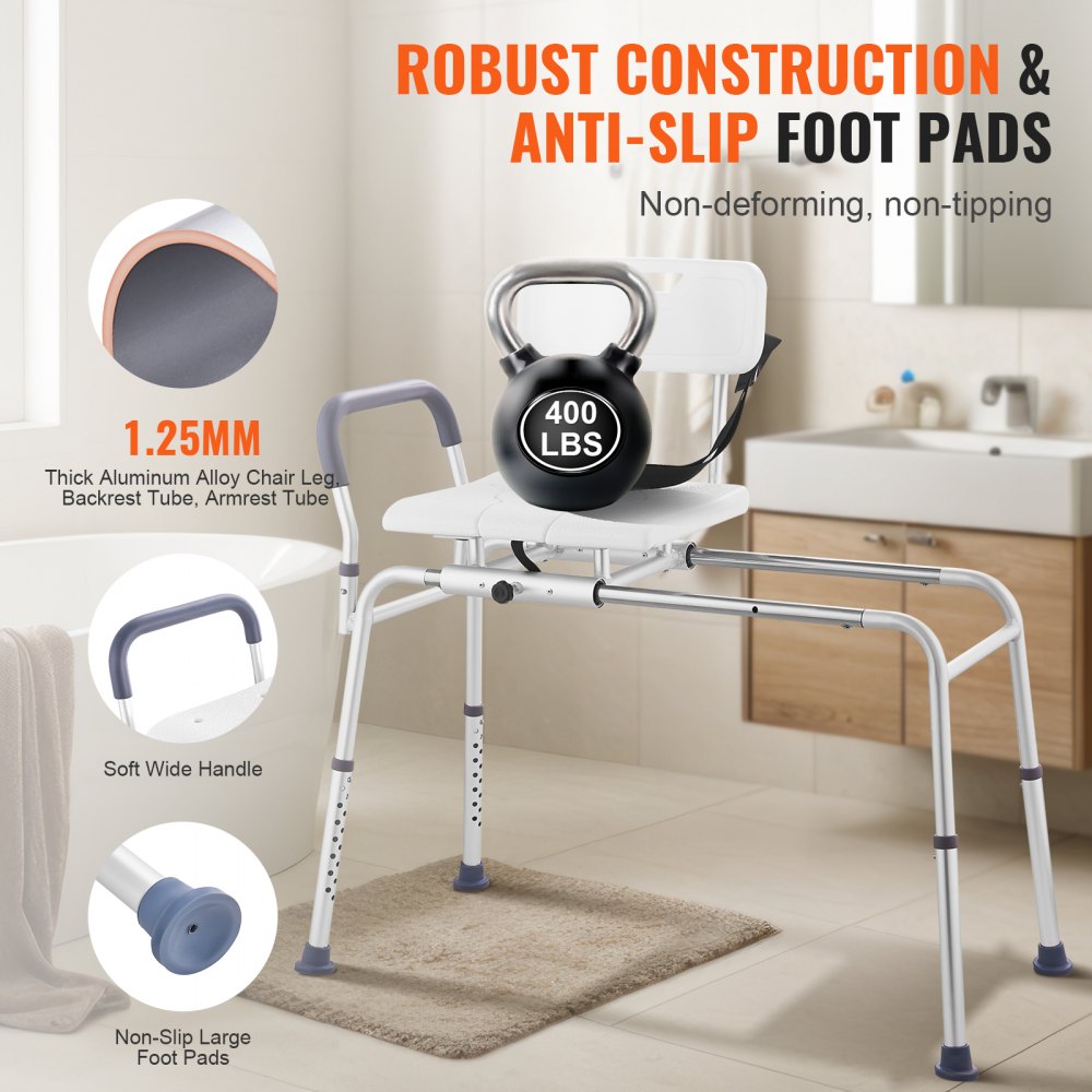 VEVOR Sliding Tub Transfer Bench, Height Adjustable Bathtub Transfer Bench with Cut-Out Seat, Reversible Backrest & Safety Belt, Non-Slip Shower Chair for Elderly Disabled Handicap, 400LBS Capacity