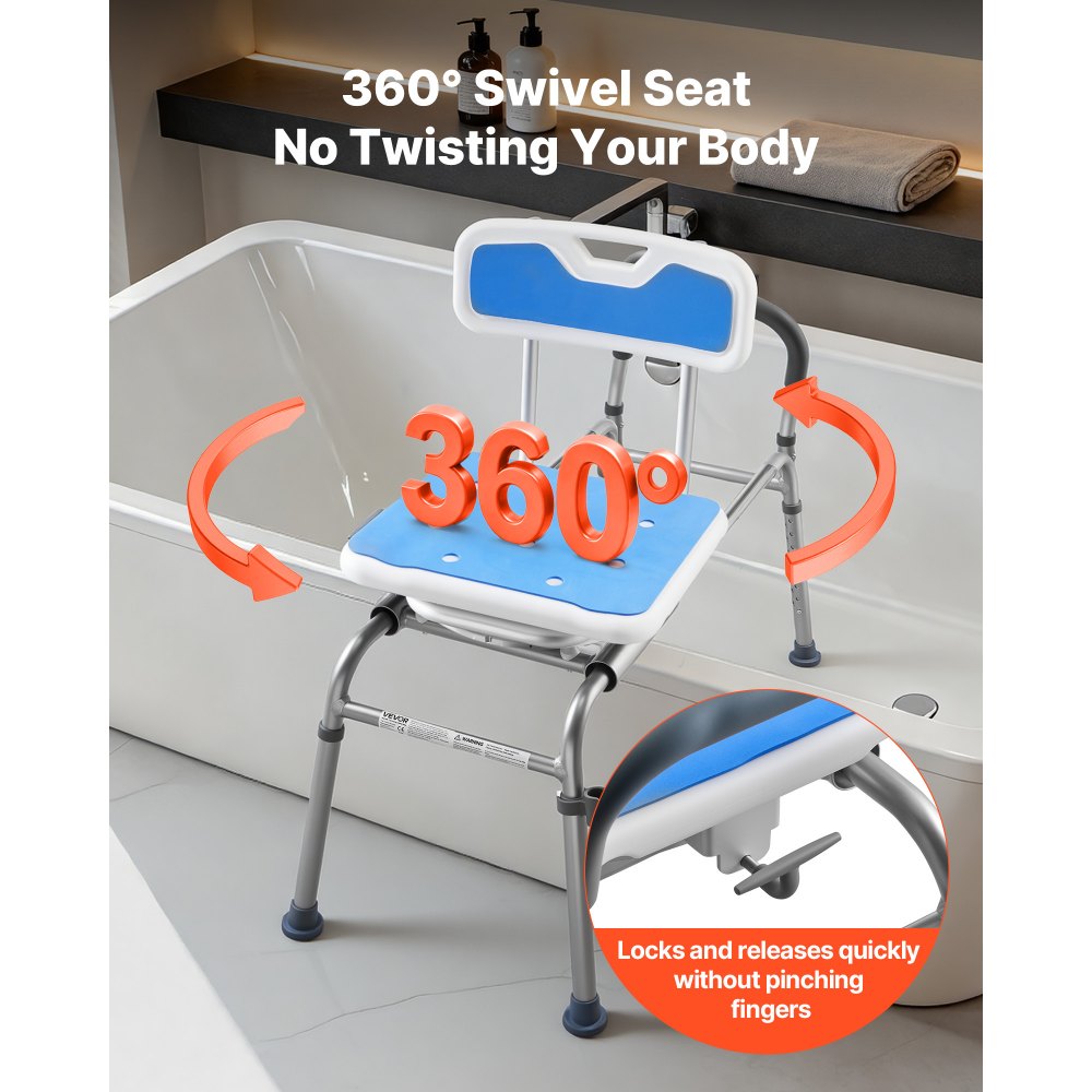 VEVOR Sliding Shower Chair, 400 lbs Tub Transfer Bench for Bathtub with Swivel Seat, Padded Shower Bench with Arms and Backrest, Height Adjustable for Handicap, Adults, Seniors, Elderly and Disabled