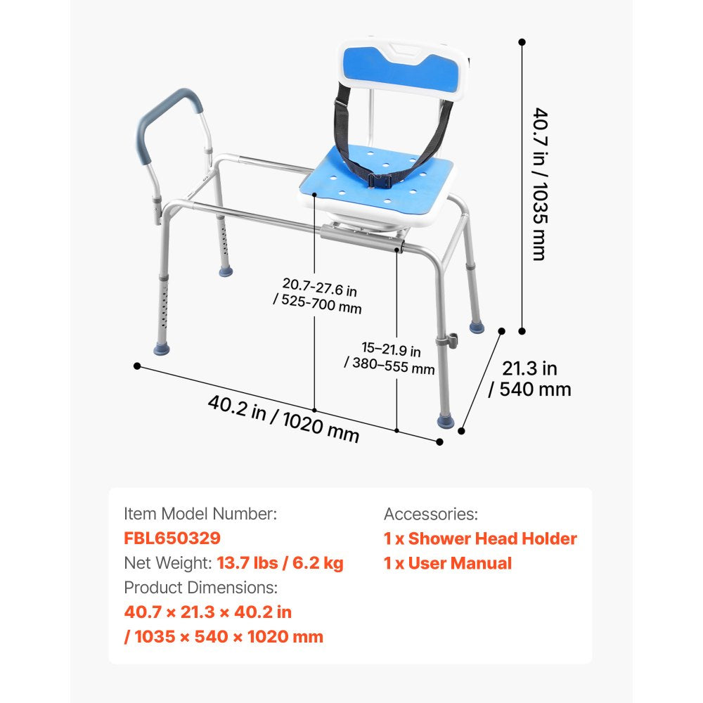 VEVOR Sliding Shower Chair, 400 lbs Tub Transfer Bench for Bathtub with Swivel Seat, Padded Shower Bench with Arms and Backrest, Height Adjustable for Handicap, Adults, Seniors, Elderly and Disabled
