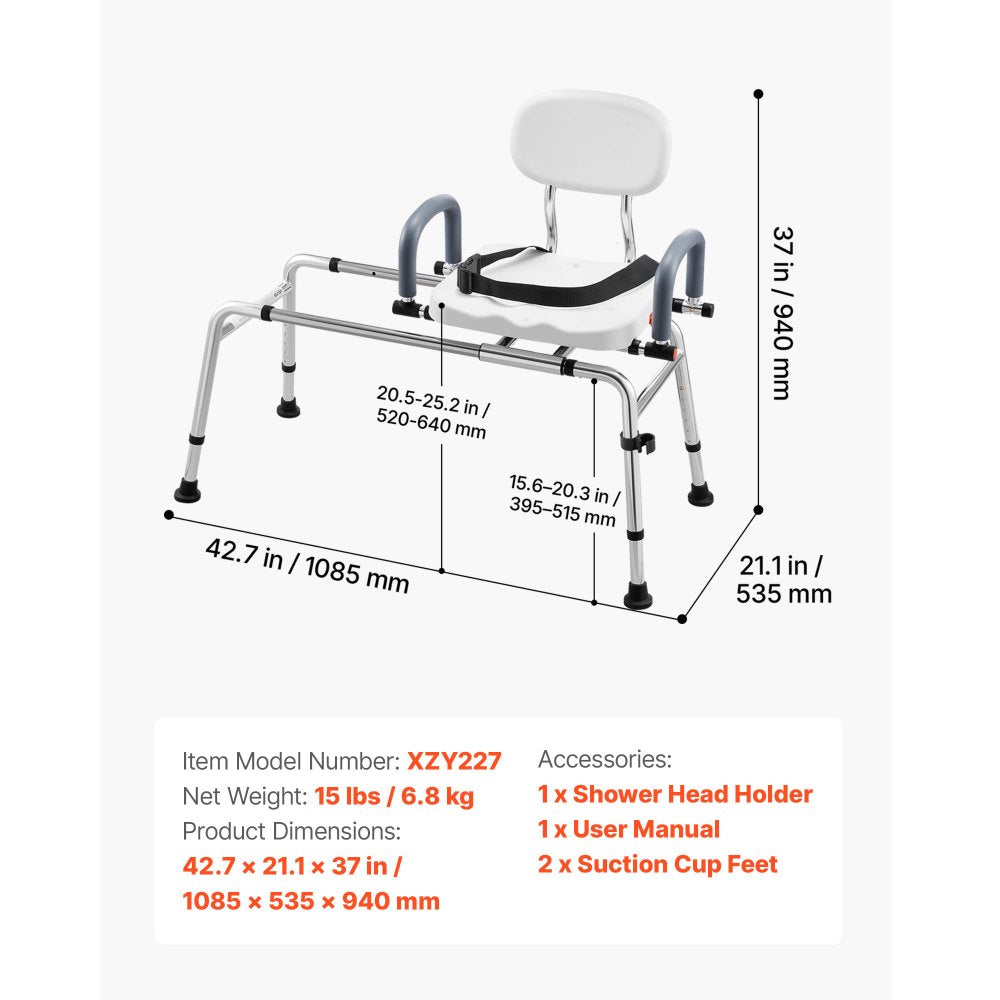VEVOR Sliding Shower Chair, 400 lbs Tub Transfer Bench for Bathtub with Swivel Seat, Shower Bench with Pivoting Arms and Backrest, Height & Width Adjustable for Handicap, Seniors, Elderly and Disabled