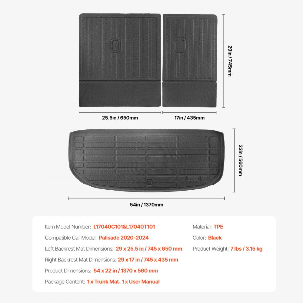 VEVOR Cargo Mats Compatible with Hyundai Palisade 2020-2024, Custom Fit TPE Cargo Liner Set for SUVs, Trunk and Rear Back Seat Protector Replacement, Black, Trunk Mat and Backrest Mats
