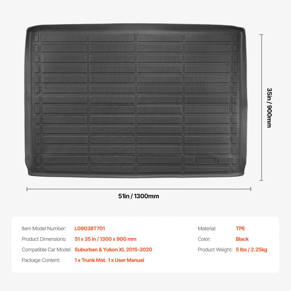 VEVOR Cargo Mat Compatible with Chevrolet Suburban & GMC Yukon XL 2015-2020, Precise Fit Trunk Mat for SUVs, TPE Trunk Protector Replacement, Black (1PCS)