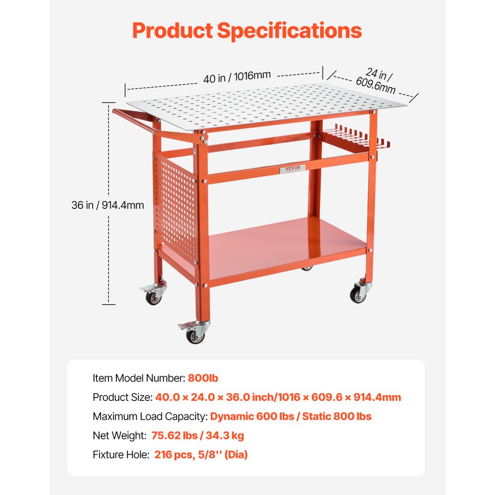 VEVOR Welding Table, 40" x 24" Welding Workbench Table with 800LBS Static Weight Capacity, Movable Steel Work Bench with 4 Wheels (2 with Brake), Double-Layer Storage Board and 5/8-inch Fixture Holes