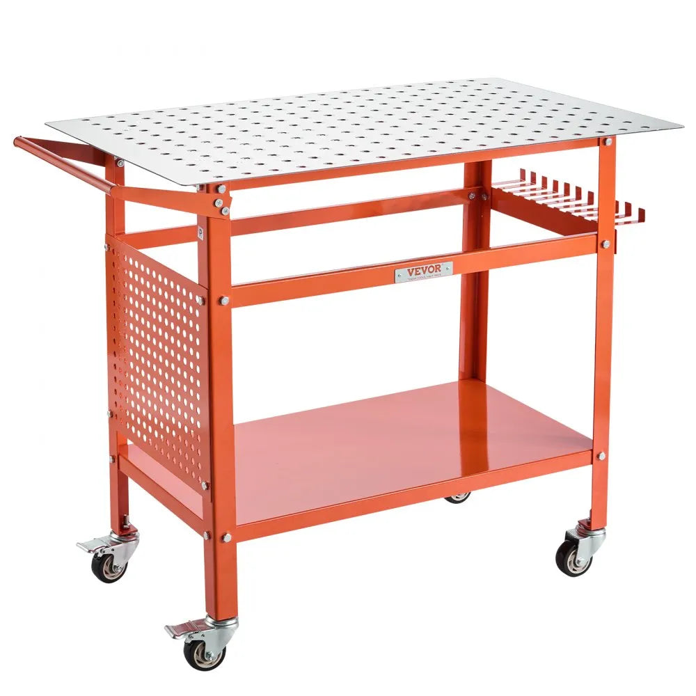 VEVOR Welding Table, 40" x 24" Welding Workbench Table with 800LBS Static Weight Capacity, Movable Steel Work Bench with 4 Wheels (2 with Brake), Double-Layer Storage Board and 5/8-inch Fixture Holes