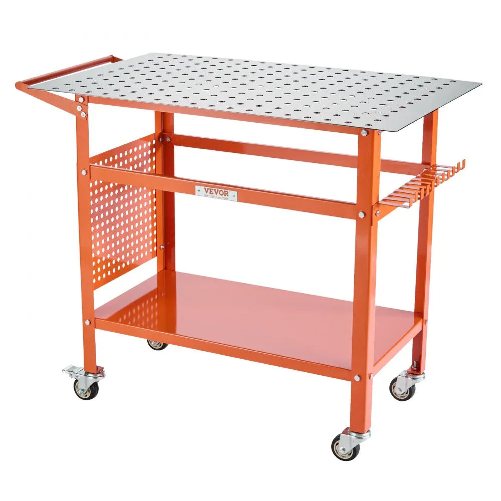 VEVOR Welding Table, 40" x 24" Welding Workbench Table with 800LBS Static Weight Capacity, Movable Steel Work Bench with 4 Wheels (2 with Brake), Double-Layer Storage Board and 5/8-inch Fixture Holes