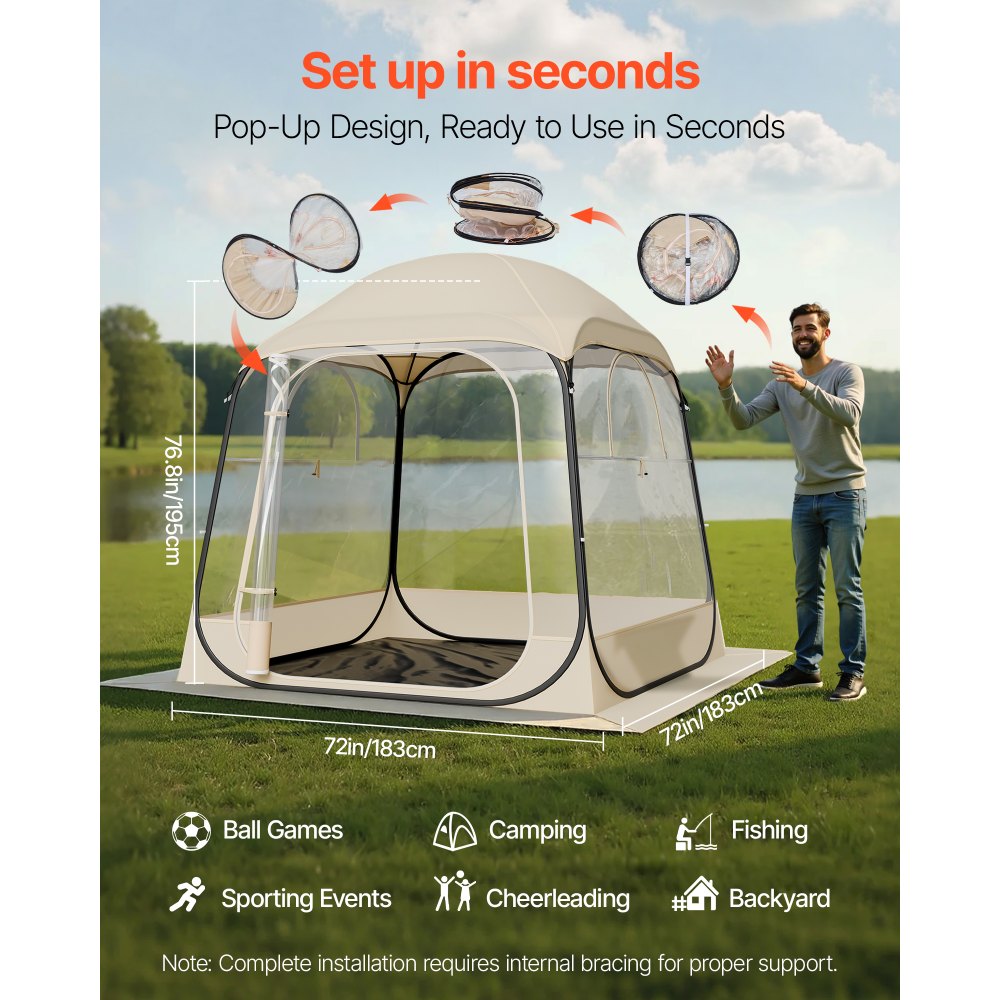 Pop up Sports Tent, 72x72 in Clear Bubble Tent for 2-4 Persons, Waterproof Outdoor Pod with Floor Mat & Top Cover, Garden Igloo Dome Tents Camping