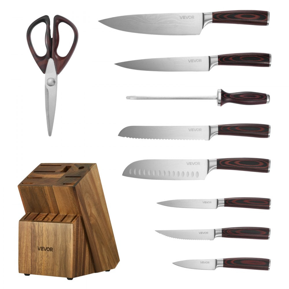 VEVOR Kitchen Knife Set with Block and Sharpener, 15 Piece High Carbon Stainless Steel Knife Set, Rust-Resistant Kitchen Cutlery with Ergonomic Handle, Sharpening Rod & Premium Wooden Block, for Home