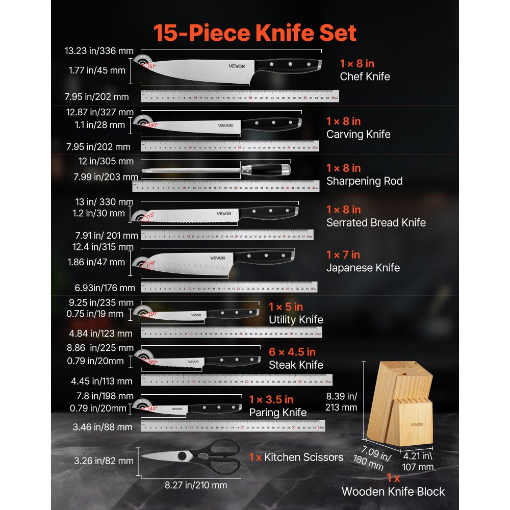 VEVOR Kitchen Knife Set with Block and Sharpener, 15 Piece High Carbon Stainless Steel Sharp Knife Set, Kitchen Cutlery with Ergonomic Handle, Sharpening Rod and Premium Wooden Block, for Home Cooks