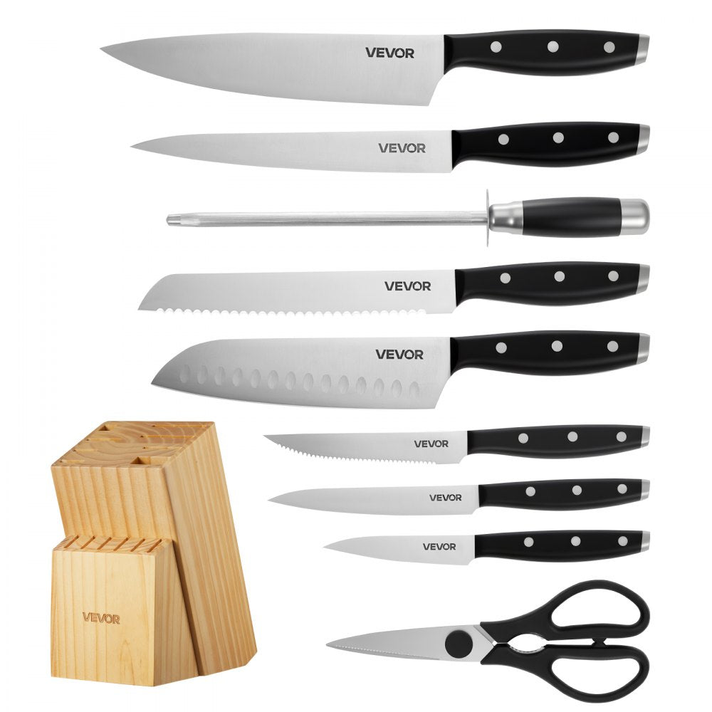 VEVOR Kitchen Knife Set with Block and Sharpener, 15 Piece High Carbon Stainless Steel Sharp Knife Set, Kitchen Cutlery with Ergonomic Handle, Sharpening Rod and Premium Wooden Block, for Home Cooks