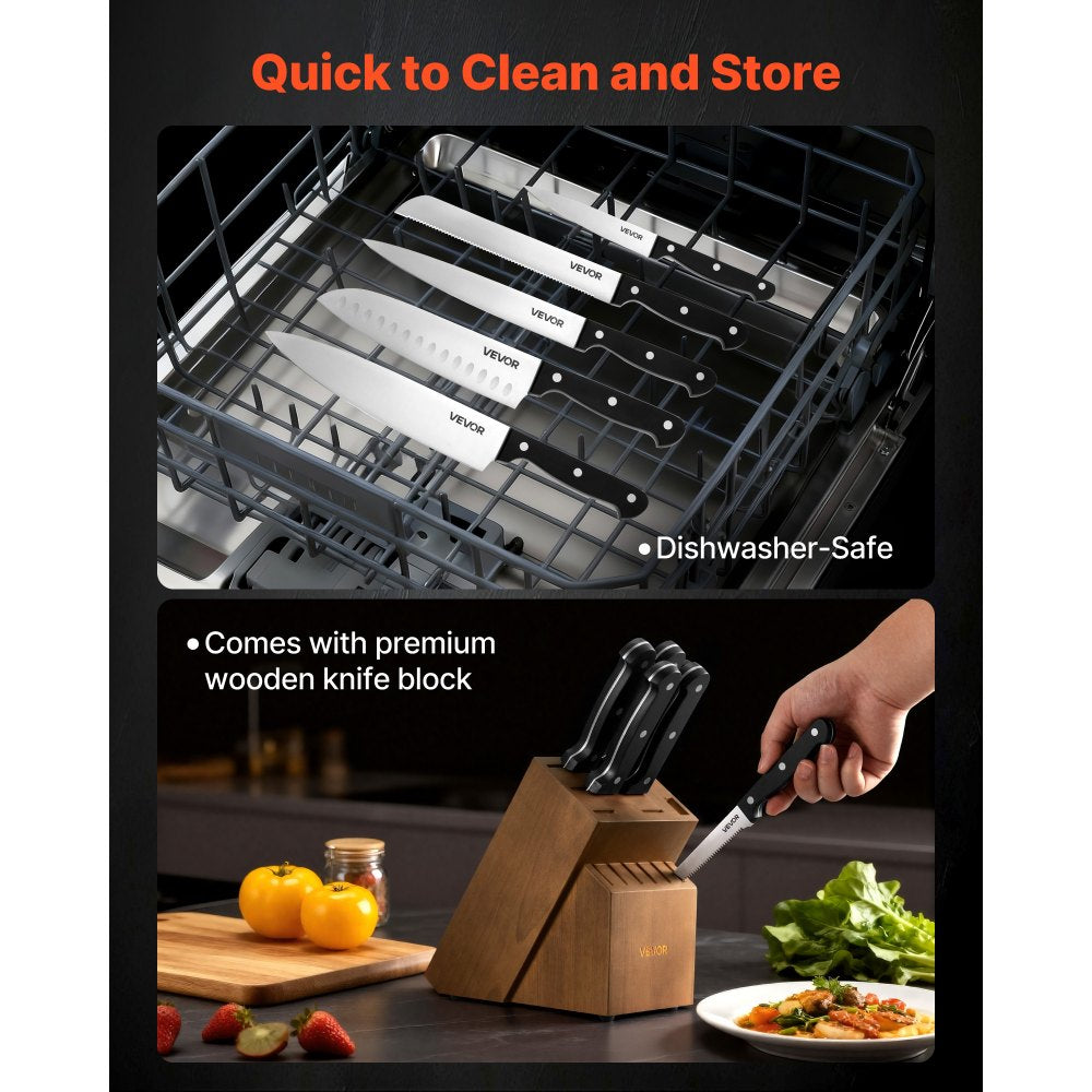 VEVOR Kitchen Knife Set with Block and Sharpener, 15 Piece German High Carbon Stainless Steel Knife Set, Kitchen Cutlery with ABS Ergonomic Handle, Sharpening Rod and Wooden Block, for Home Cooks