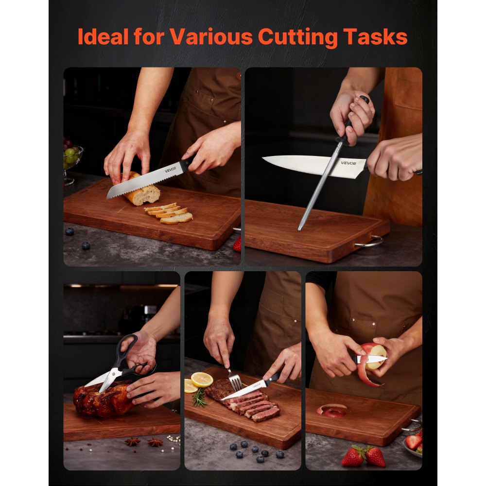 VEVOR Kitchen Knife Set with Block and Sharpener, 15 Piece German High Carbon Stainless Steel Knife Set, Kitchen Cutlery with ABS Ergonomic Handle, Sharpening Rod and Wooden Block, for Home Cooks